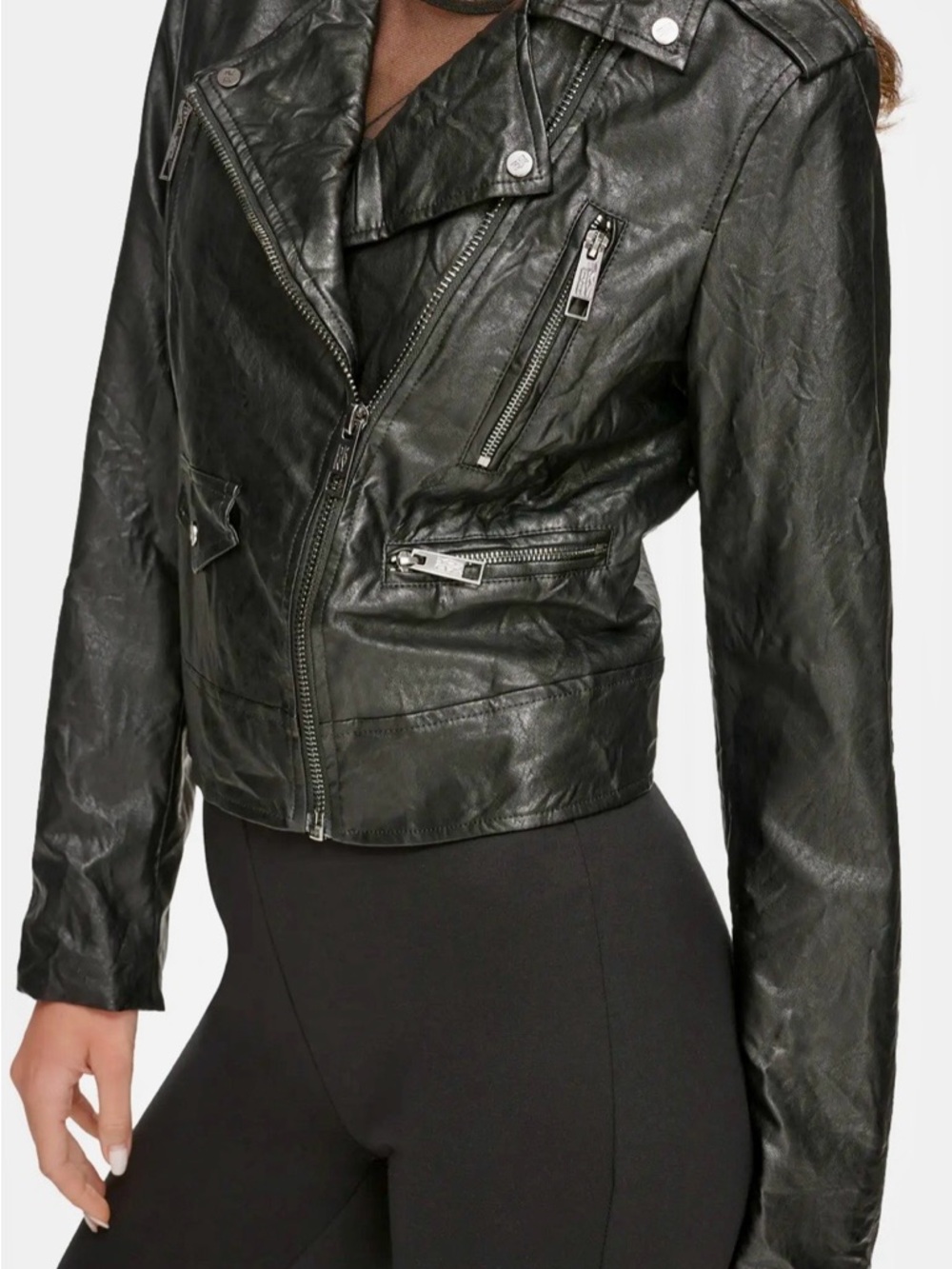 DKNY Black Faux Leather Moto Jacket with Silver Zippers